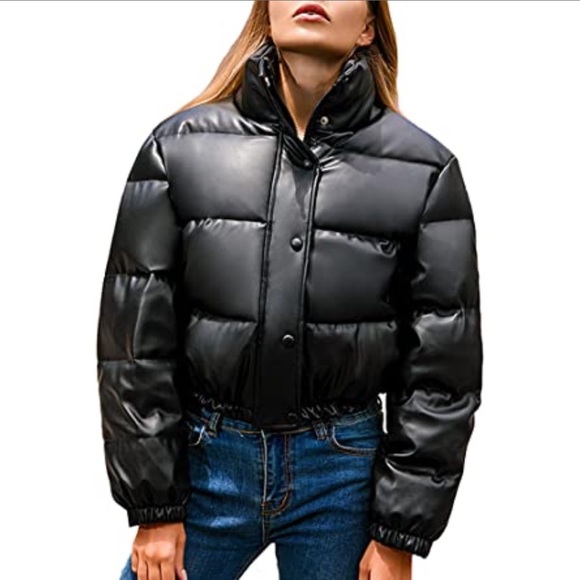 Black PU Leather Puffer Jacket - Picture 1 of 3